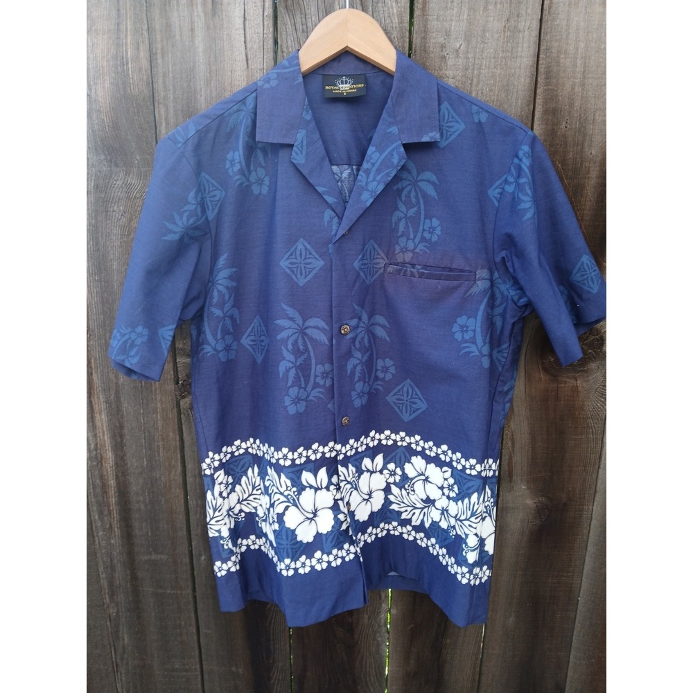 VTG‎ Royal Creations Hawaiian Shirt Blue / White Floral  Made In Hawaii  S